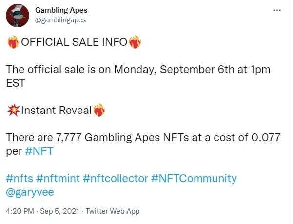 Gambling Apes NFT Twitter Announcement